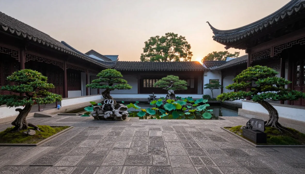 Ancient Chinese stone courtyard with courtyard garden and tiled pagoda roofs