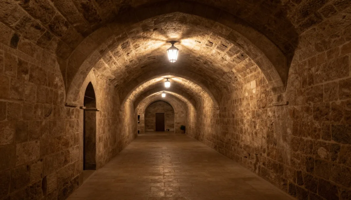 Ancient interior stone corridor lit with warm lanterns