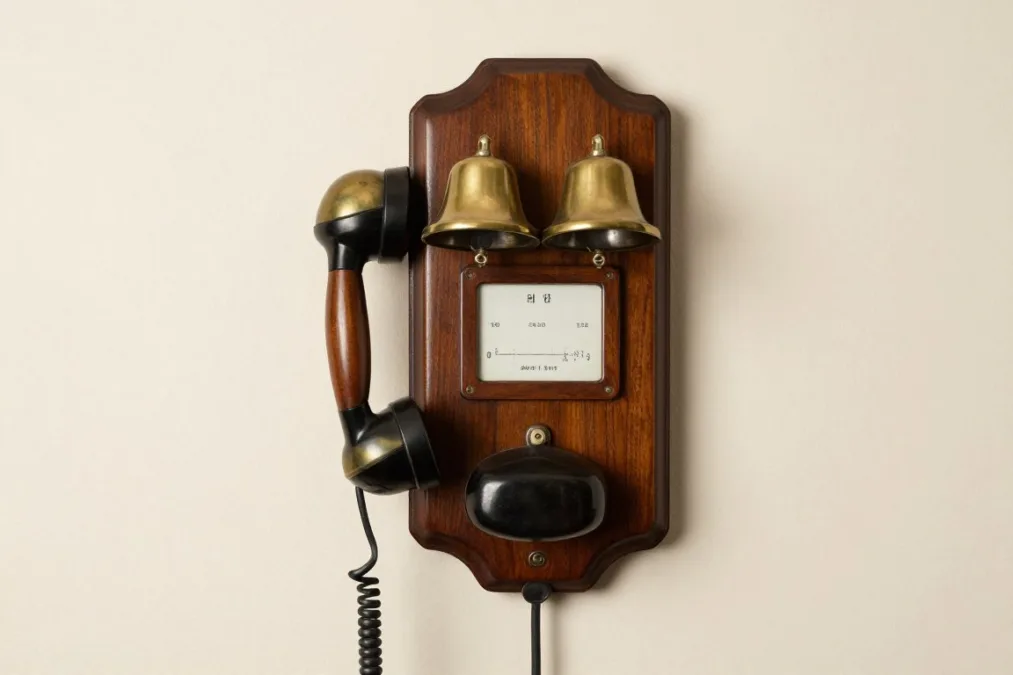 Antique wall telephone with dual bells and wooden box housing Antique wall telephone with dual bells and wooden box housing