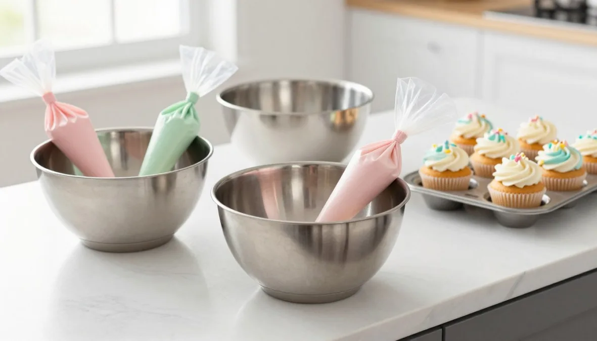 Artisan baking workspace with colorful decorating tools and tiered cakes Artisan baking workspace with colorful decorating tools and tiered cakes