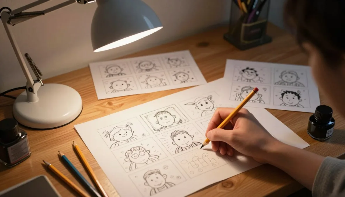 Artist desk with animation sketches and drafting pencils Artist desk with animation sketches and drafting pencils