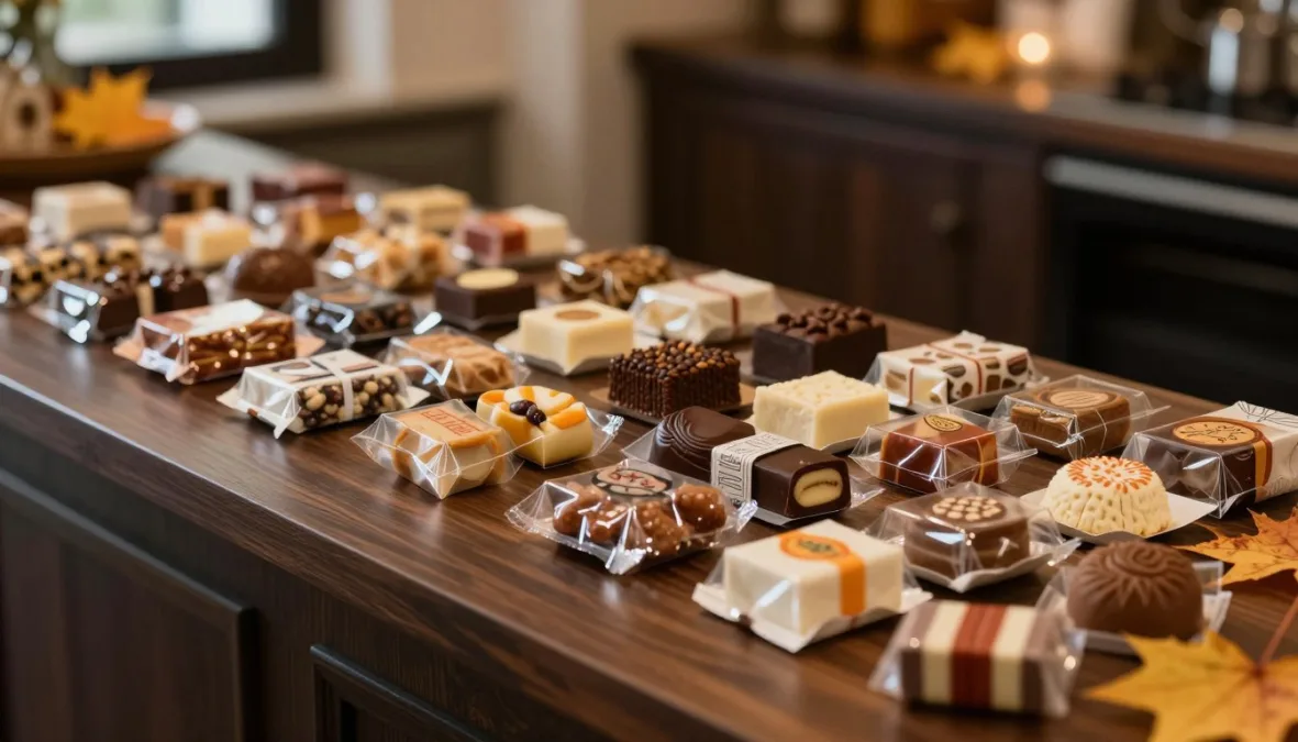 Assorted Halloween treats spread out on a wooden counter Assorted Halloween treats spread out on a wooden counter