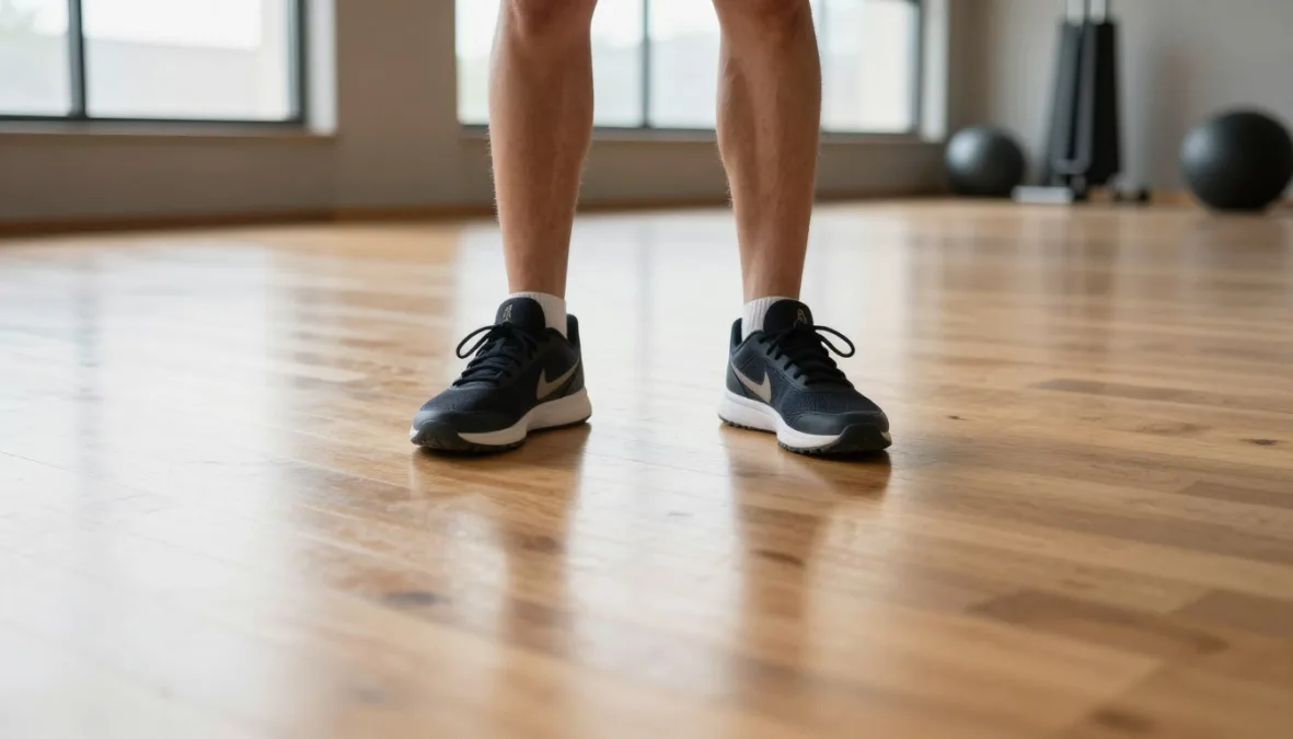 Athletic shoes on a wooden floor during a light mobility warm-up session Athletic shoes on a wooden floor during a light mobility warm-up session