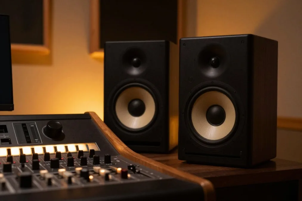 Audio monitor speakers on studio sound console Audio monitor speakers on studio sound console