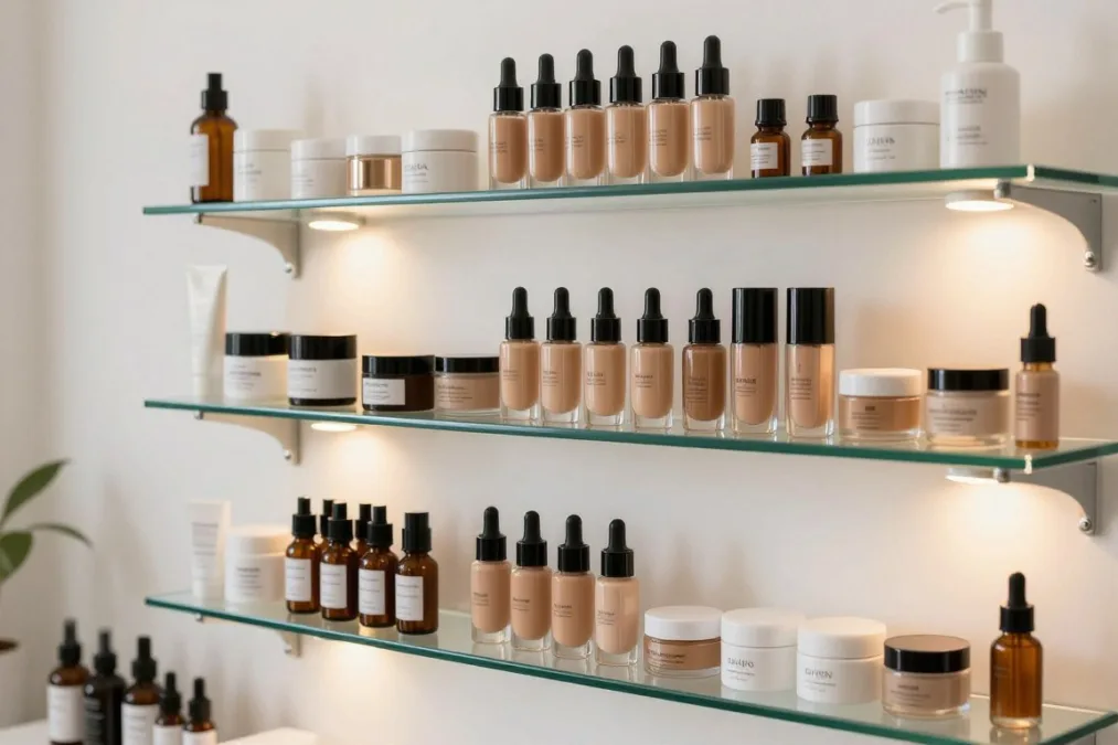 Beauty studio shelves stocked with cosmetic foundations and skincare bottles Beauty studio shelves stocked with cosmetic foundations and skincare bottles