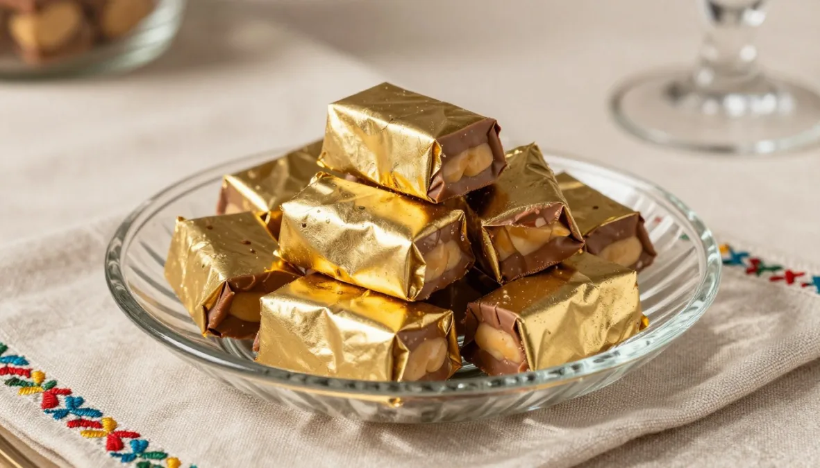 Bite size caramel cookie chocolate bars resting in an autumn candy dish Bite size caramel cookie chocolate bars resting in an autumn candy dish