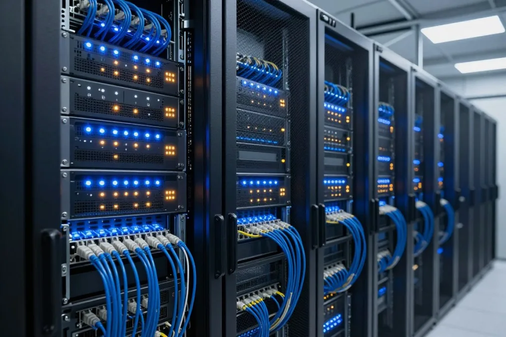 Blue glowing fiber optic cables routed through an enterprise server rack Blue glowing fiber optic cables routed through an enterprise server rack