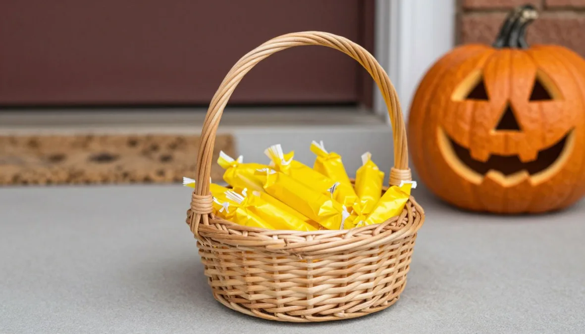 Bright yellow wrapped mini candy bars displayed in a woven basket Bright yellow wrapped mini candy bars displayed in a woven basket