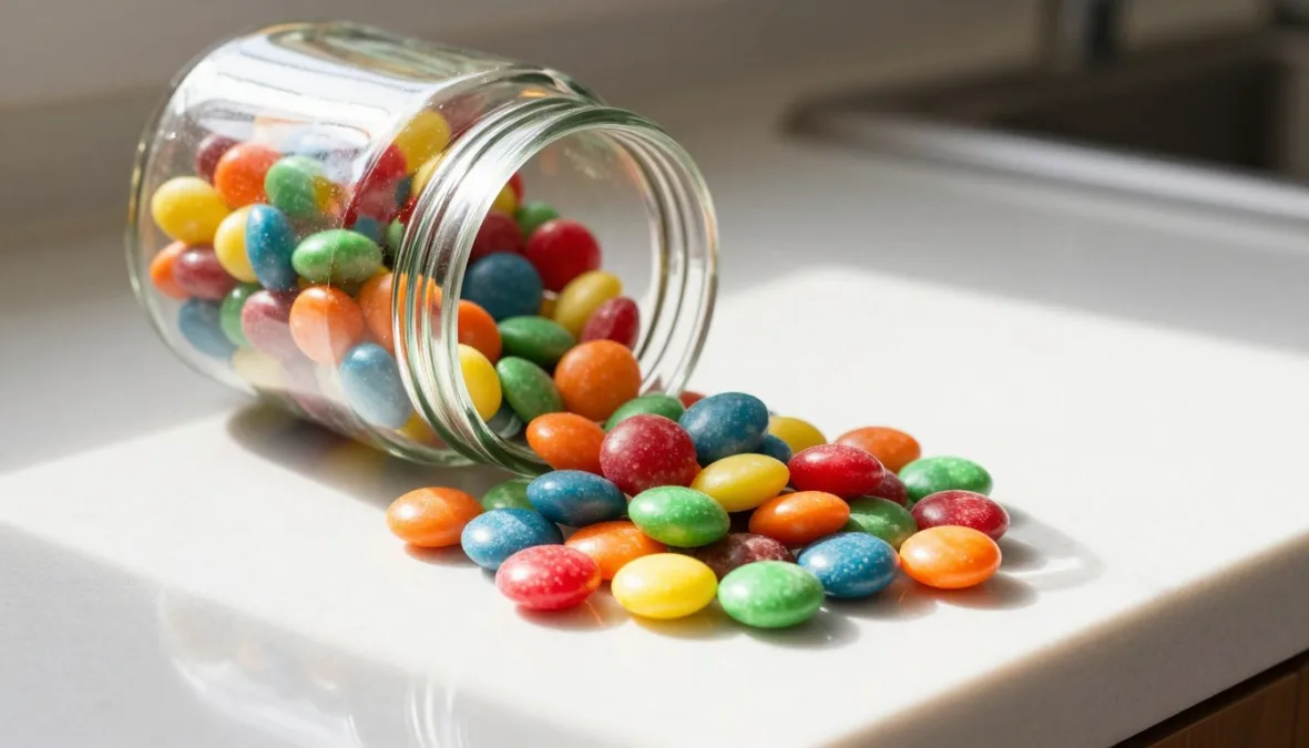 Brightly colored fruit candies displayed in a clean glass jar Brightly colored fruit candies displayed in a clean glass jar