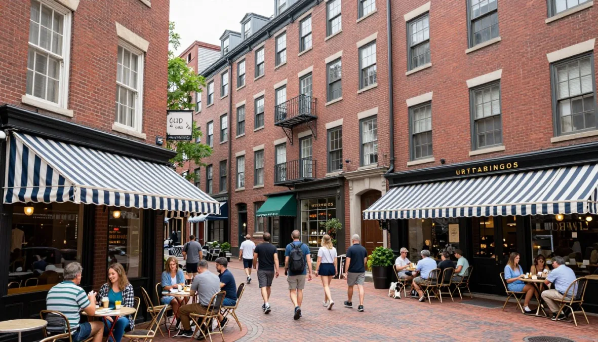 Bustling street scene in the North End with historic brick buildings and outdoor restaurant cafes