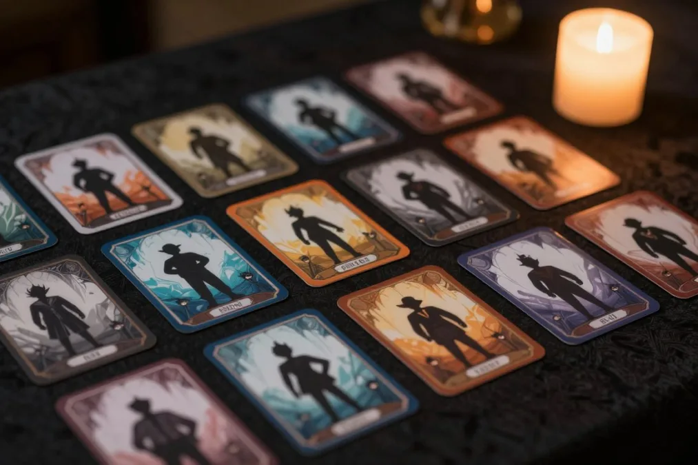 Cards representing fictional character archetypes spread on a dark tablecloth Cards representing fictional character archetypes spread on a dark tablecloth
