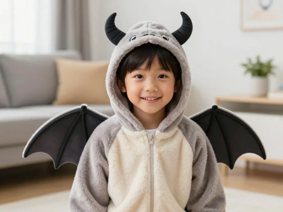 Child wearing a funny bat costume smiling broadly Child wearing a funny bat costume smiling broadly