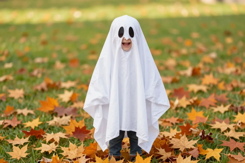 Child wearing a white sheet ghost costume with friendly eye cutouts standing in an autumn yard Child wearing a white sheet ghost costume with friendly eye cutouts standing in an autumn yard