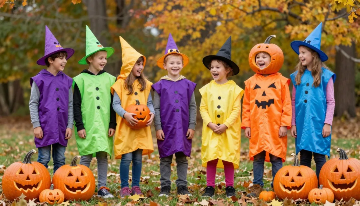 Children in colorful Halloween costumes laughing together outdoors surrounded by carved pumpkins