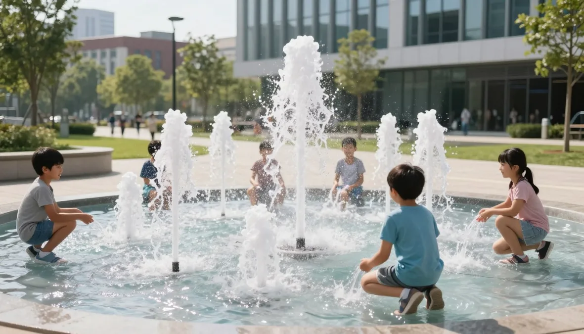 Children playing in interactive water fountains at an urban park Children playing in interactive water fountains at an urban park