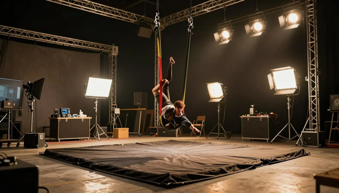 Cinematic stunt set representing the top 10 female action stars in Hollywood with harness rigs and padded mats