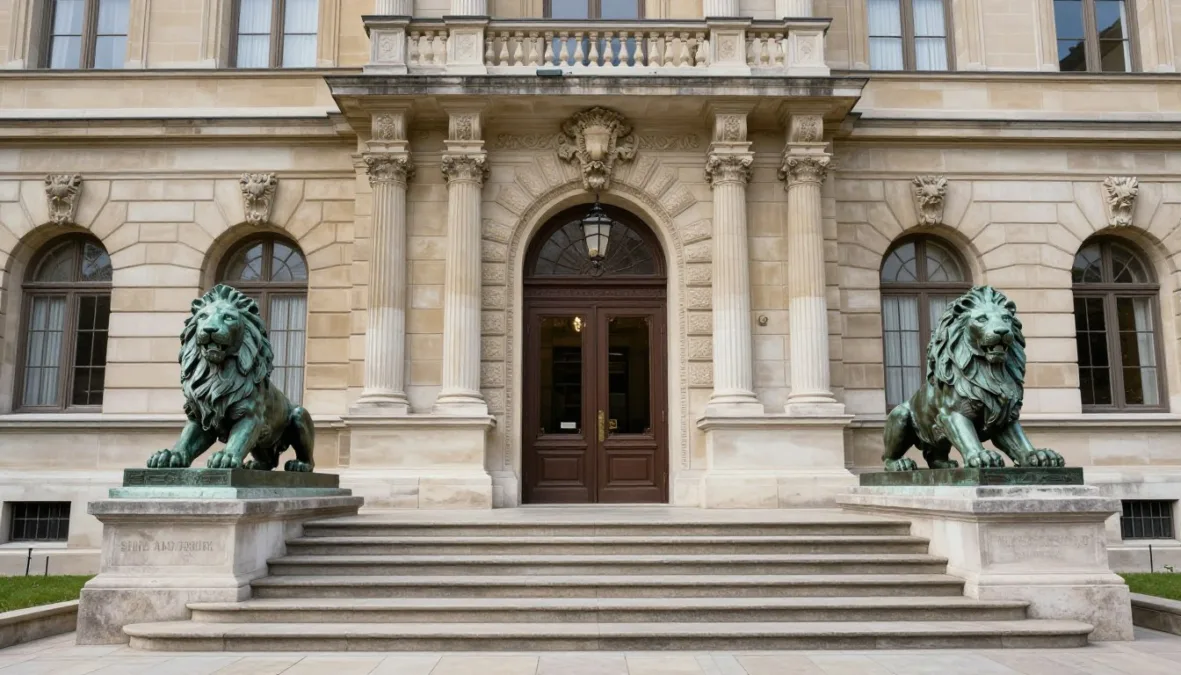 Classical limestone museum facade with bronze lion sculpture guarding entrance steps Classical limestone museum facade with bronze lion sculpture guarding entrance steps