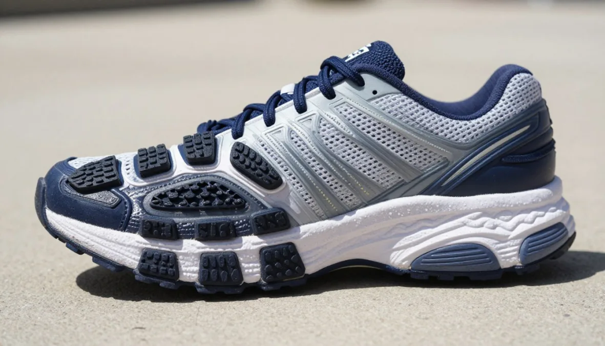 Close-up of cushioned midsole and rubber tread on a supportive walking shoe