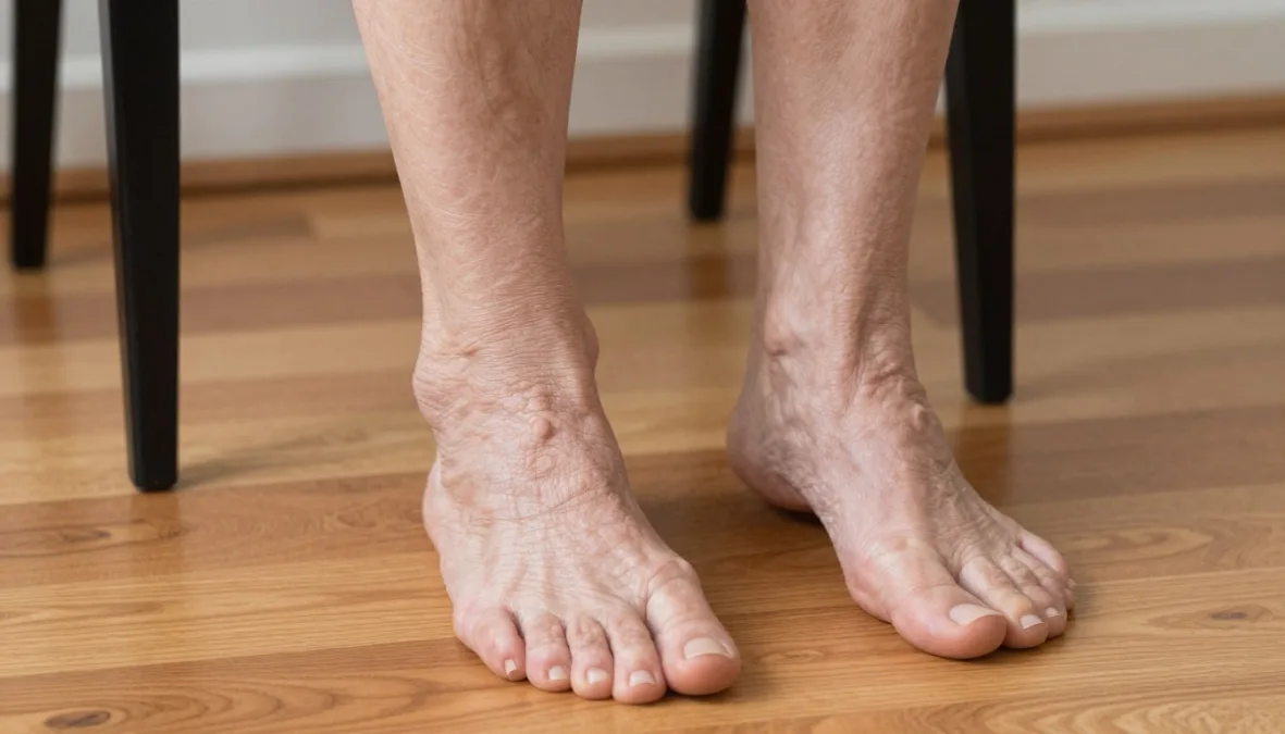Close-up of feet performing heel and toe raises on a wooden floor Close-up of feet performing heel and toe raises on a wooden floor
