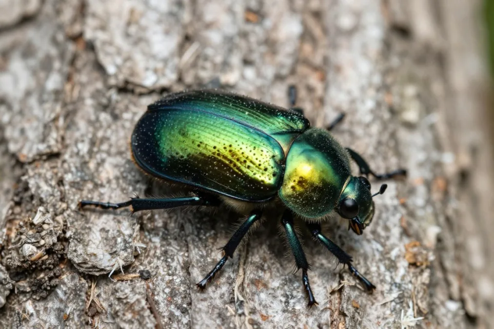 Close-up photograph of an adult emerald ash borer with metallic green wings resting on ash bark