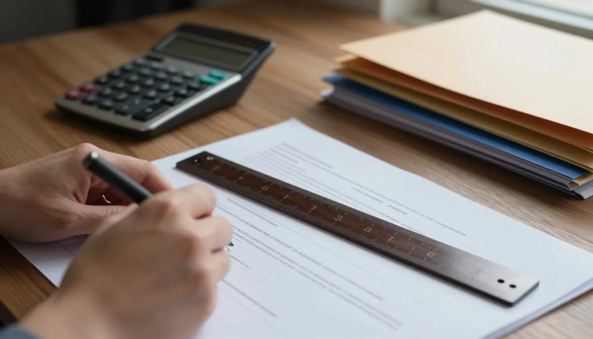 Close-up view of an accountant reviewing a ledger next to a mechanical desk calculator Close-up view of an accountant reviewing a ledger next to a mechanical desk calculator