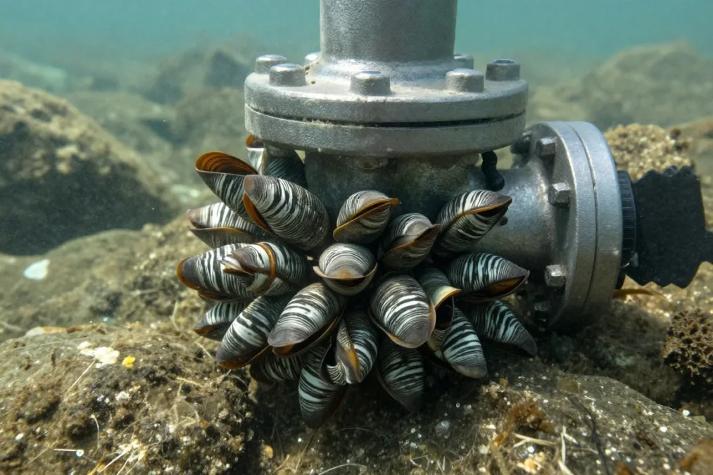 Cluster of small striped zebra mussels covering an underwater rock and pipe fitting