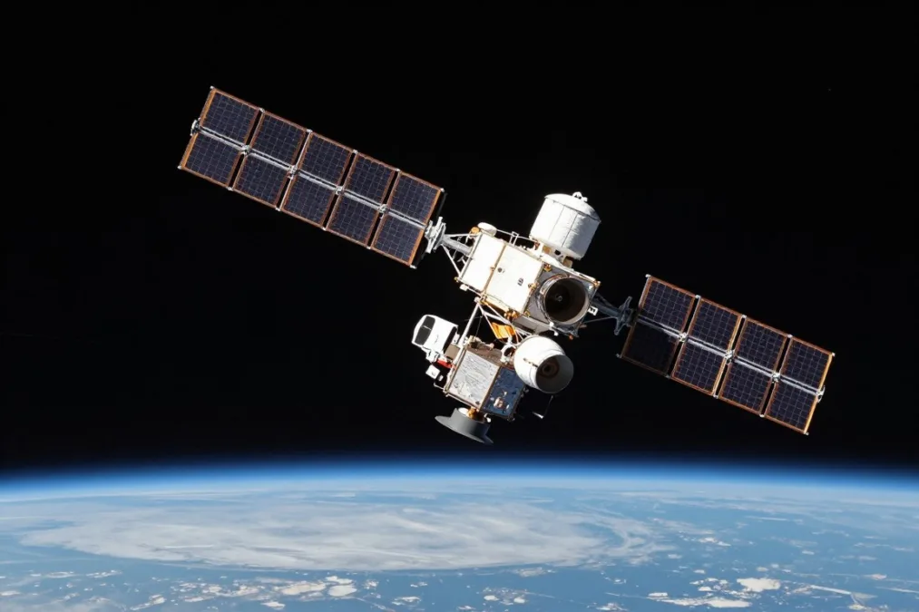 Communication satellite orbiting high above planet Earth in deep space Communication satellite orbiting high above planet Earth in deep space