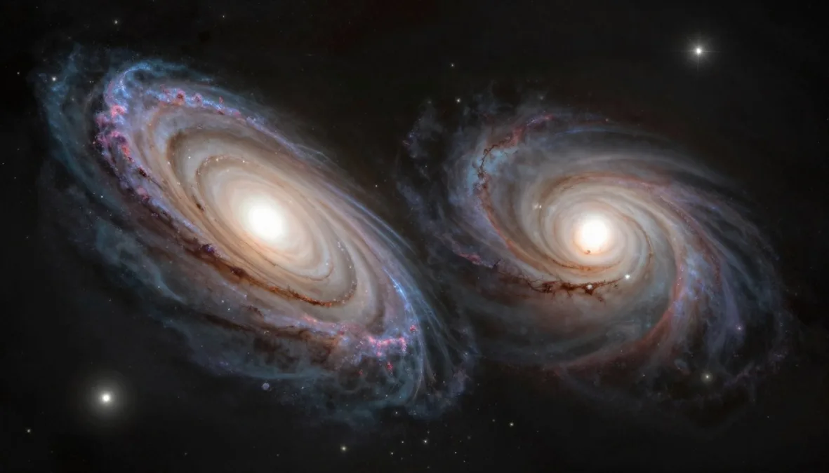 Composite observation showing colliding galaxy clusters with separated gas and mass fields
