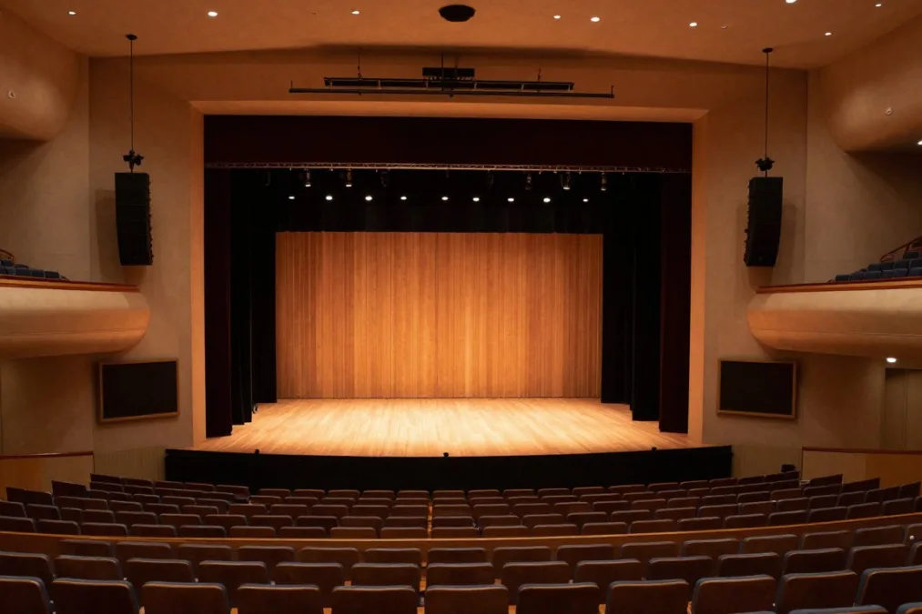 Concert stage inside a grand performance auditorium illuminated by overhead theater lights Concert stage inside a grand performance auditorium illuminated by overhead theater lights