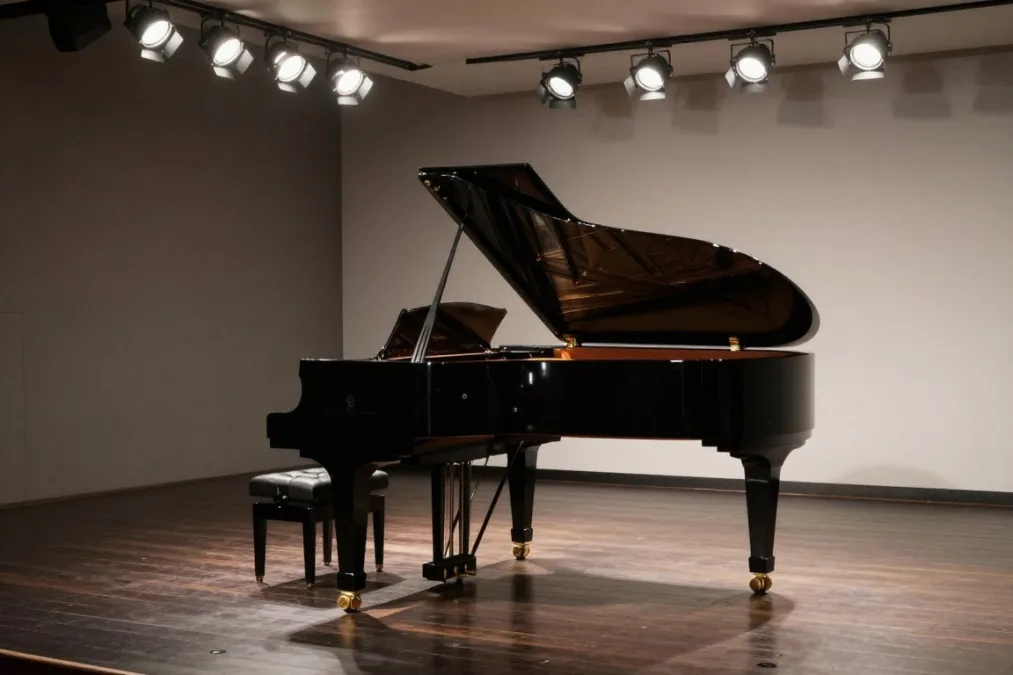 Concert stage lighting rig and grand piano Concert stage lighting rig and grand piano