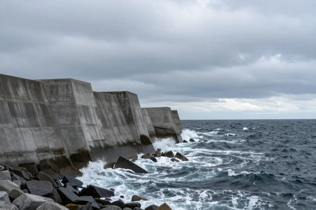 Concrete seawall along a rocky coastline in Japan