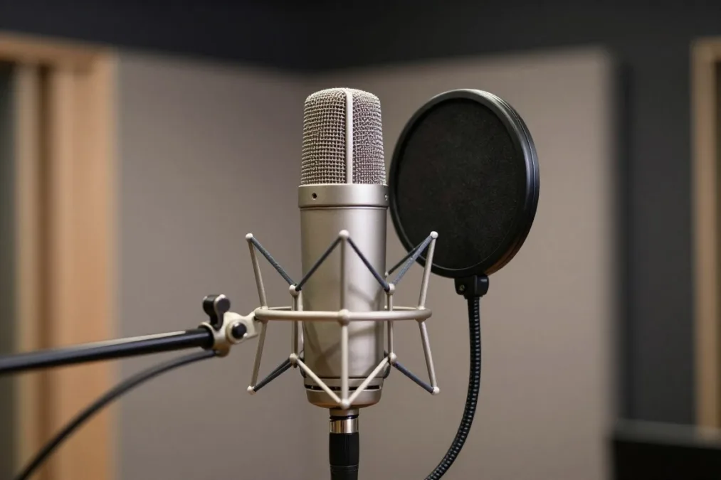 Condenser microphone with pop filter in sound booth Condenser microphone with pop filter in sound booth