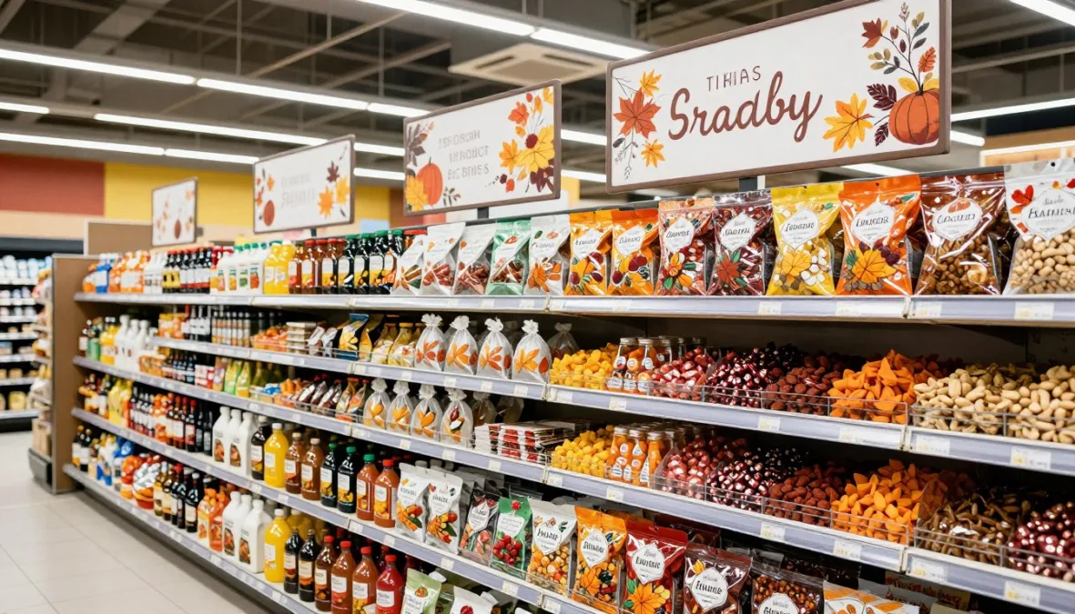 Confectionery retail display with seasonal fall decorations Confectionery retail display with seasonal fall decorations