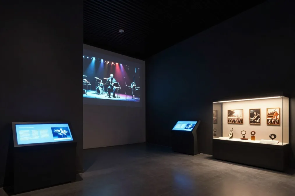 Contemporary museum gallery featuring interactive digital stations and historic audio-visual music displays Contemporary museum gallery featuring interactive digital stations and historic audio-visual music displays