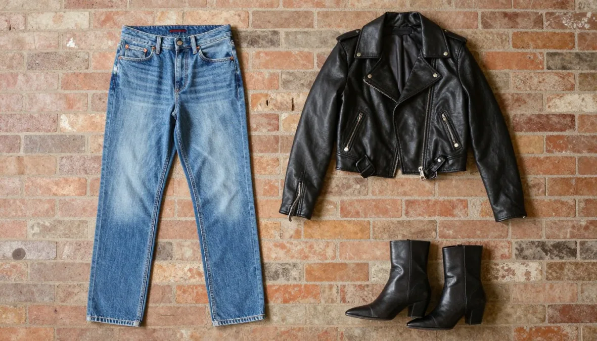 Contemporary urban wardrobe featuring distressed denim, tailored leather jacket, and ankle boots Contemporary urban wardrobe featuring distressed denim, tailored leather jacket, and ankle boots