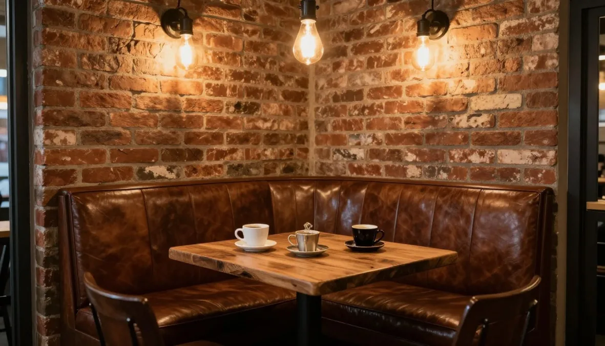 Cozy urban coffee shop booth with exposed brick walls Cozy urban coffee shop booth with exposed brick walls