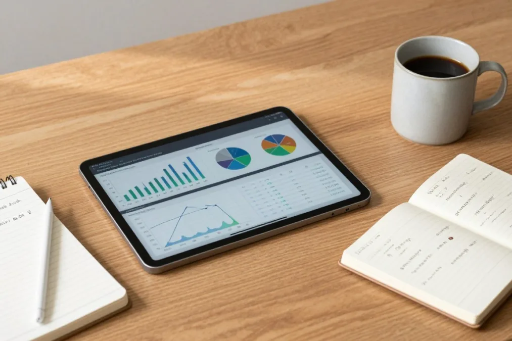 Creator desk with tablet computer and production planners Creator desk with tablet computer and production planners
