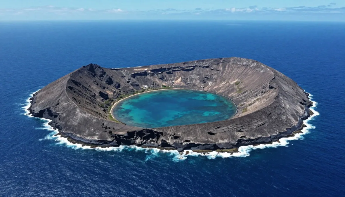 Crescent-shaped volcanic caldera surrounded by deep blue Pacific Ocean water Crescent-shaped volcanic caldera surrounded by deep blue Pacific Ocean water