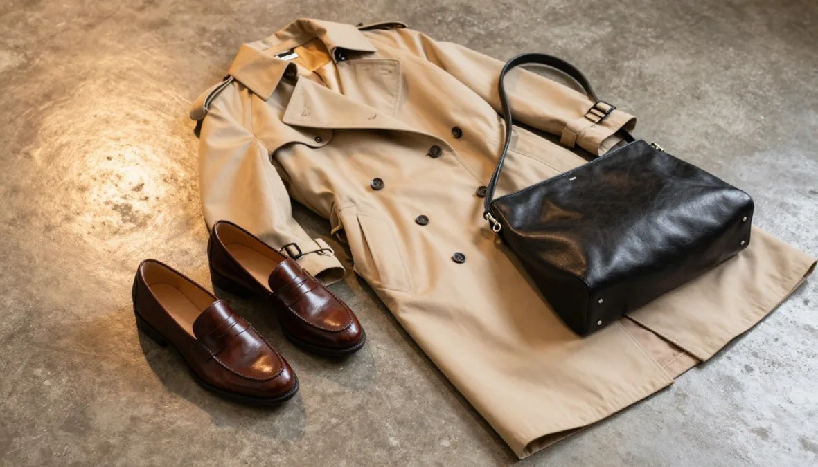 Curated selection of vintage leather loafers, trench coat, and structured designer handbag Curated selection of vintage leather loafers, trench coat, and structured designer handbag