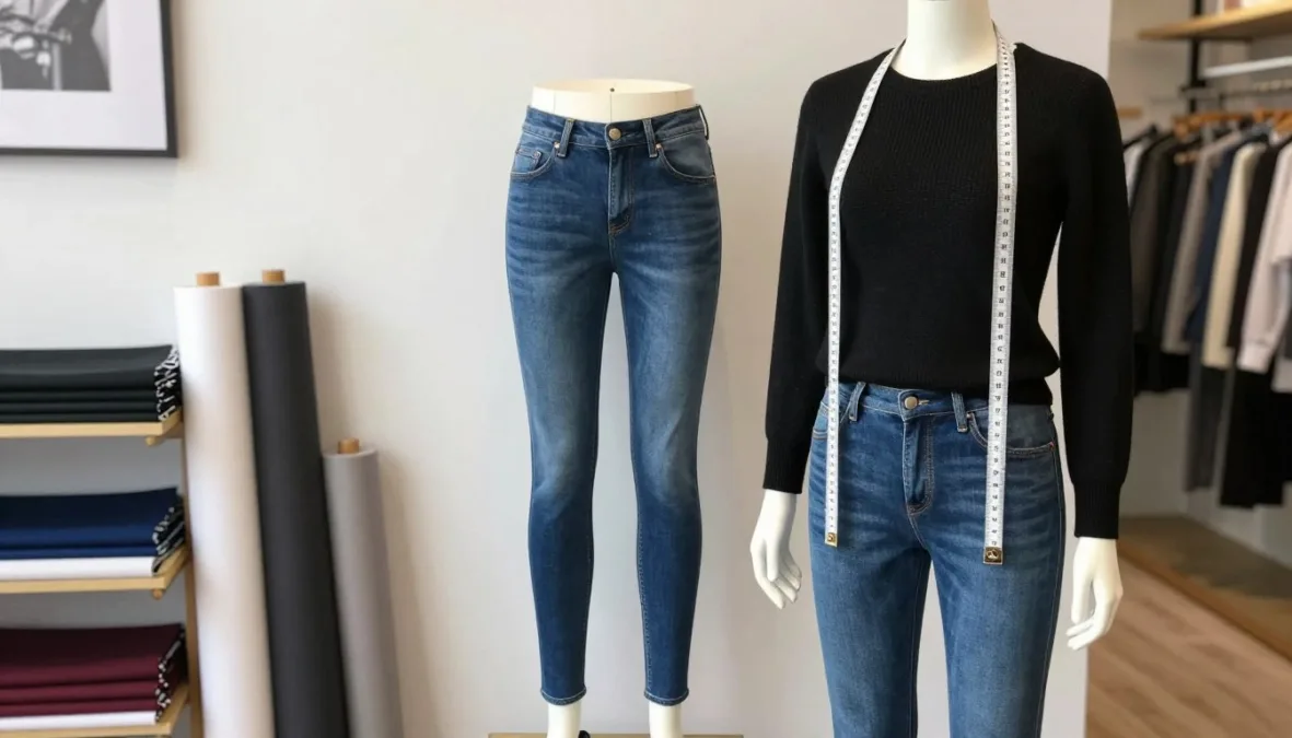 Curved clothing mannequin modeling well-fitted denim jeans and a structured black top Curved clothing mannequin modeling well-fitted denim jeans and a structured black top