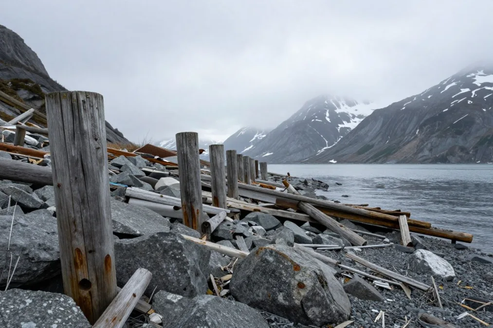 Damaged coastal harbor with displaced boats and debris