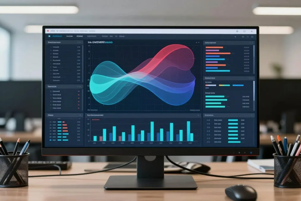 Data presentation screen displaying social media analytics graphs Data presentation screen displaying social media analytics graphs