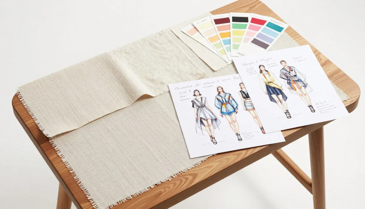 Design moodboard covered in fabric swatches, color palettes, and runway sketches Design moodboard covered in fabric swatches, color palettes, and runway sketches