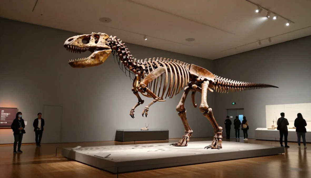 Dinosaur skeleton exhibit inside a natural history museum Dinosaur skeleton exhibit inside a natural history museum