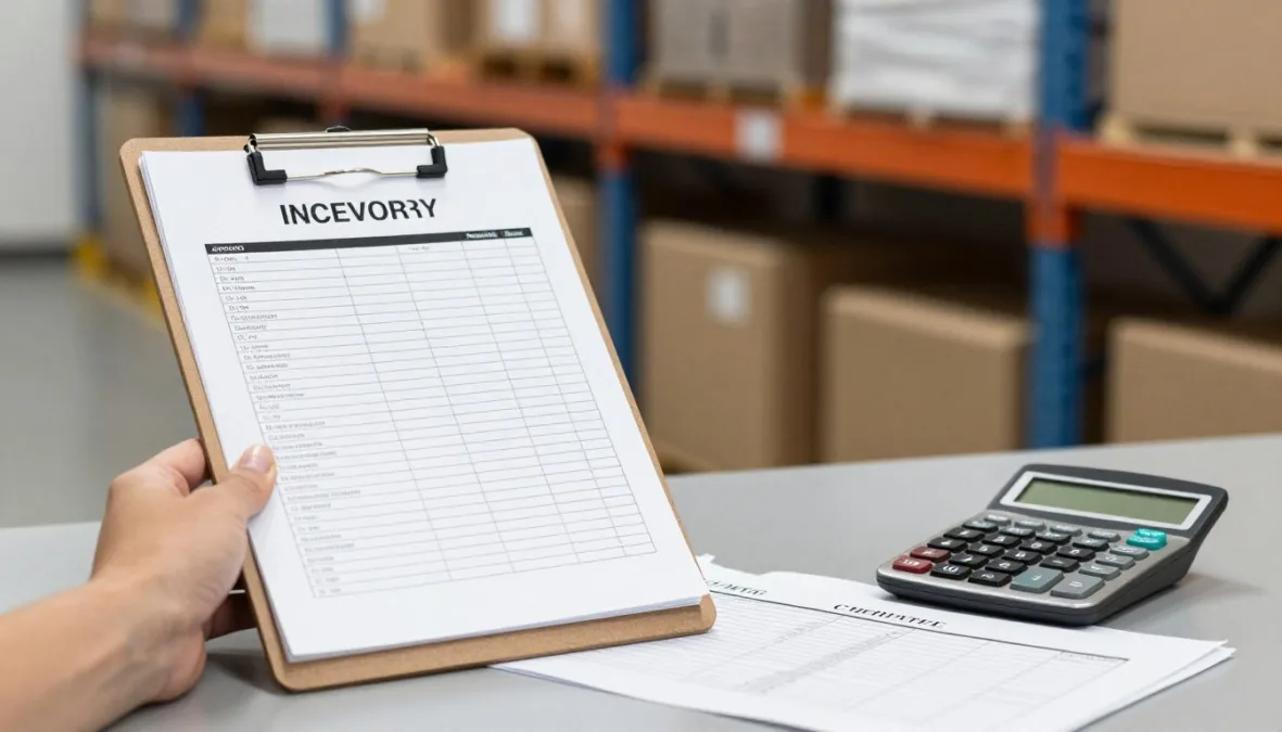 Distribution warehouse manager desk with inventory clipboards and barcode scanners Distribution warehouse manager desk with inventory clipboards and barcode scanners