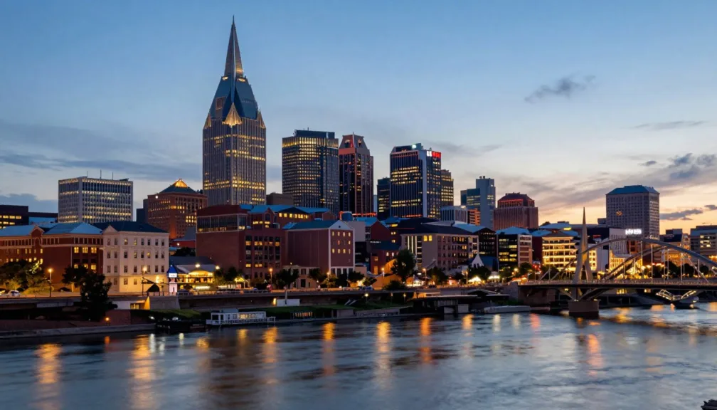 Downtown Nashville skyline with the pedestrian bridge over the Cumberland River at dusk