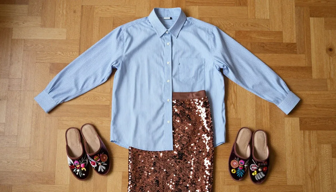 Eclectic clothing mix of striped shirting, sequined skirt, and colorful patterned slippers Eclectic clothing mix of striped shirting, sequined skirt, and colorful patterned slippers