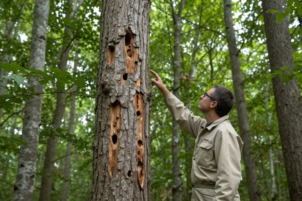 Ecologist examining bark damage on a hardwood tree trunk in an infested forest Ecologist examining bark damage on a hardwood tree trunk in an infested forest
