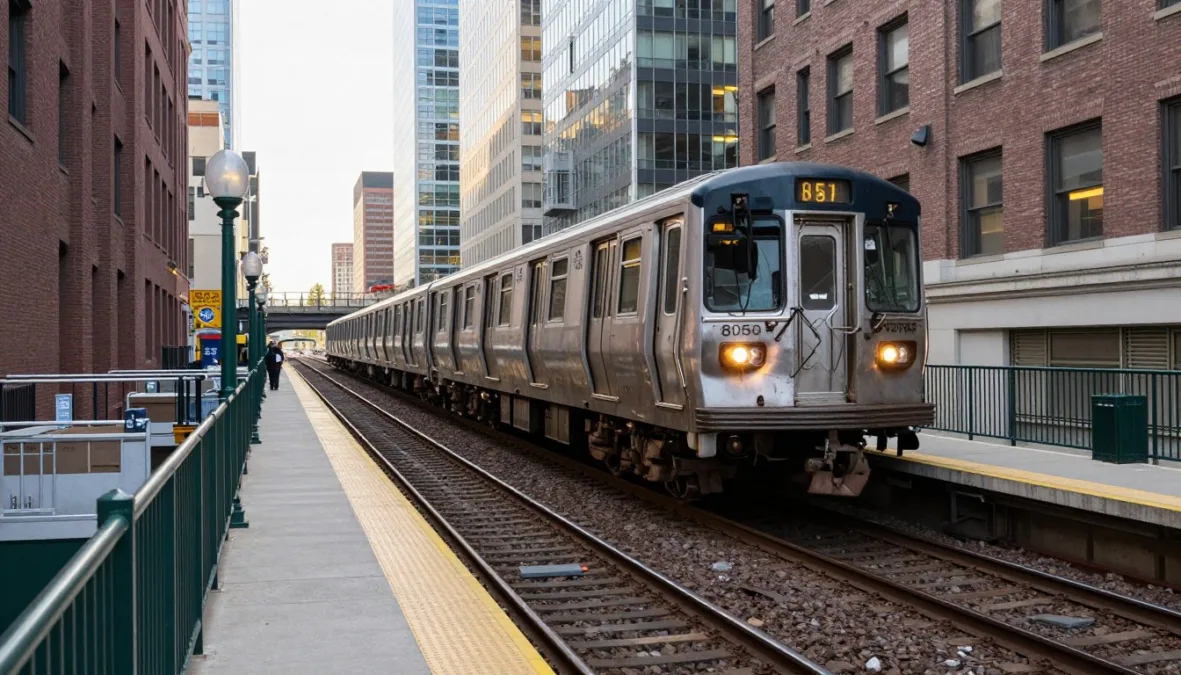 Elevated train arriving at an outdoor urban transit station platform Elevated train arriving at an outdoor urban transit station platform