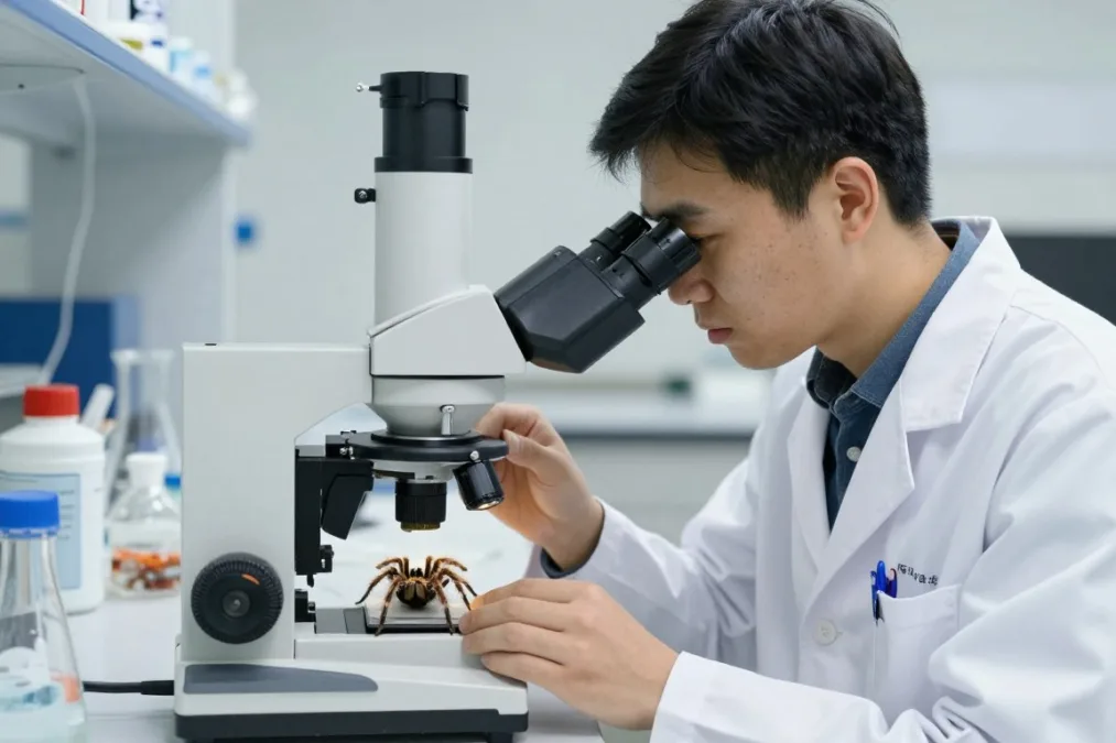 Entomologist studying an arachnid specimen